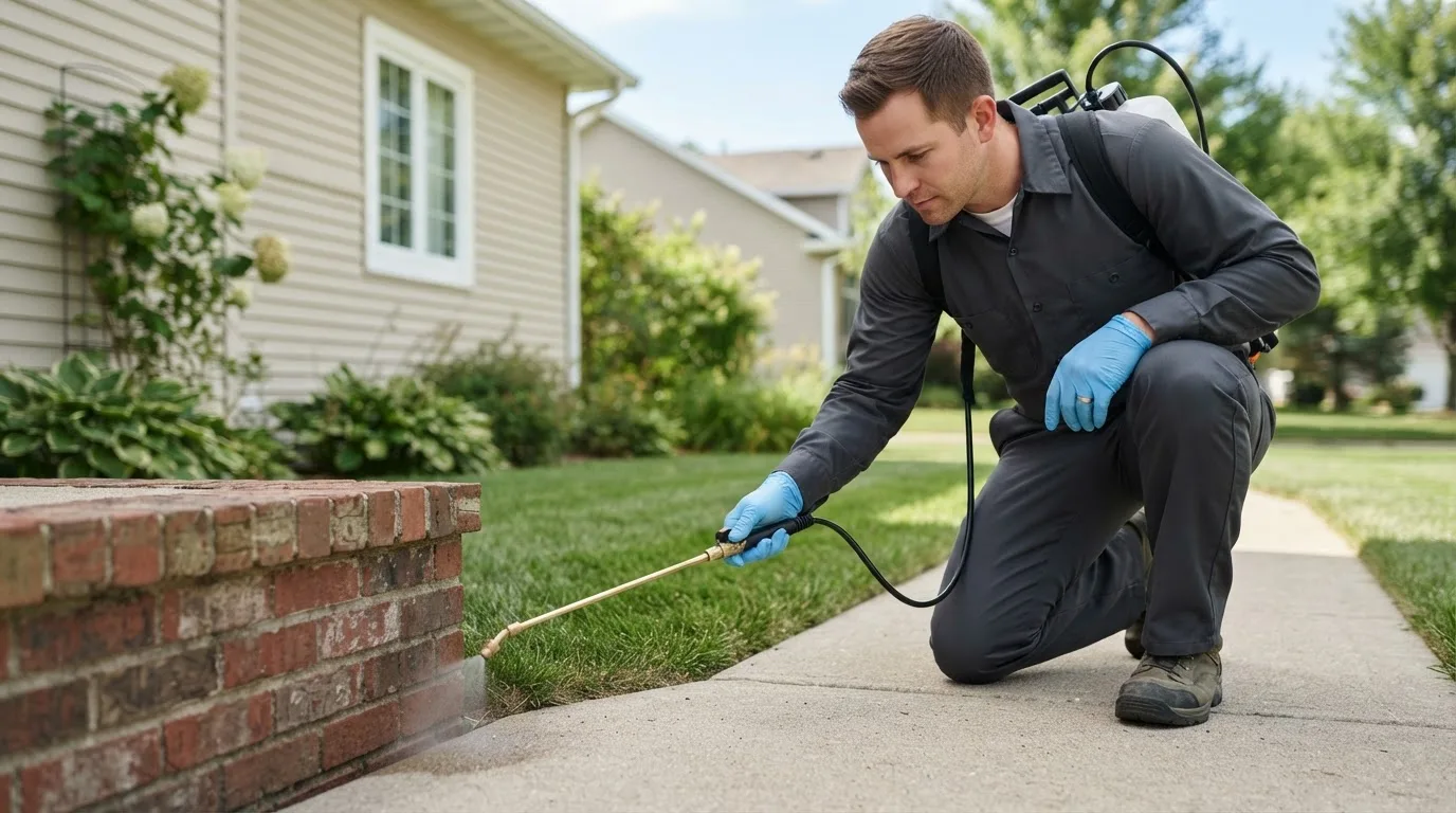 Pest control technician treating a home near Bivins, TX
