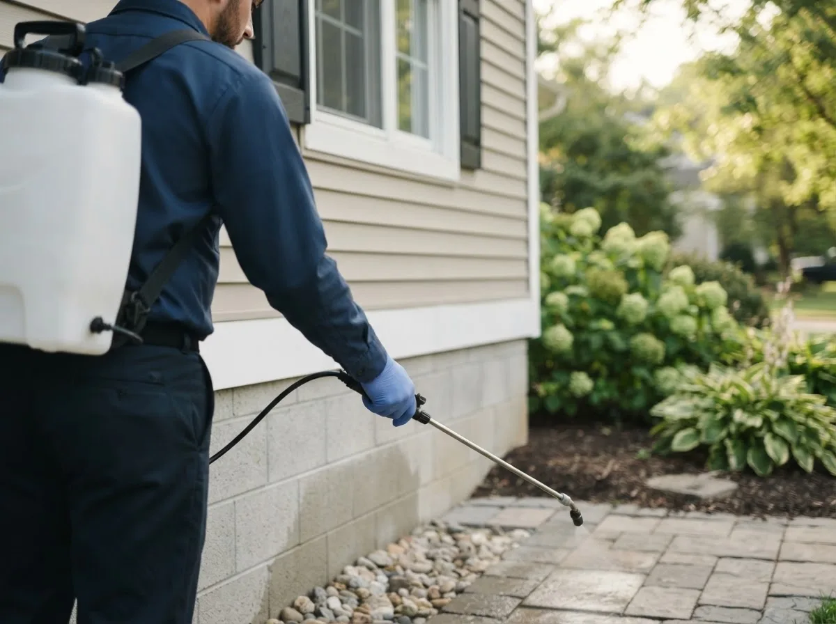Pest control technician inspecting a home in Bivins, TX